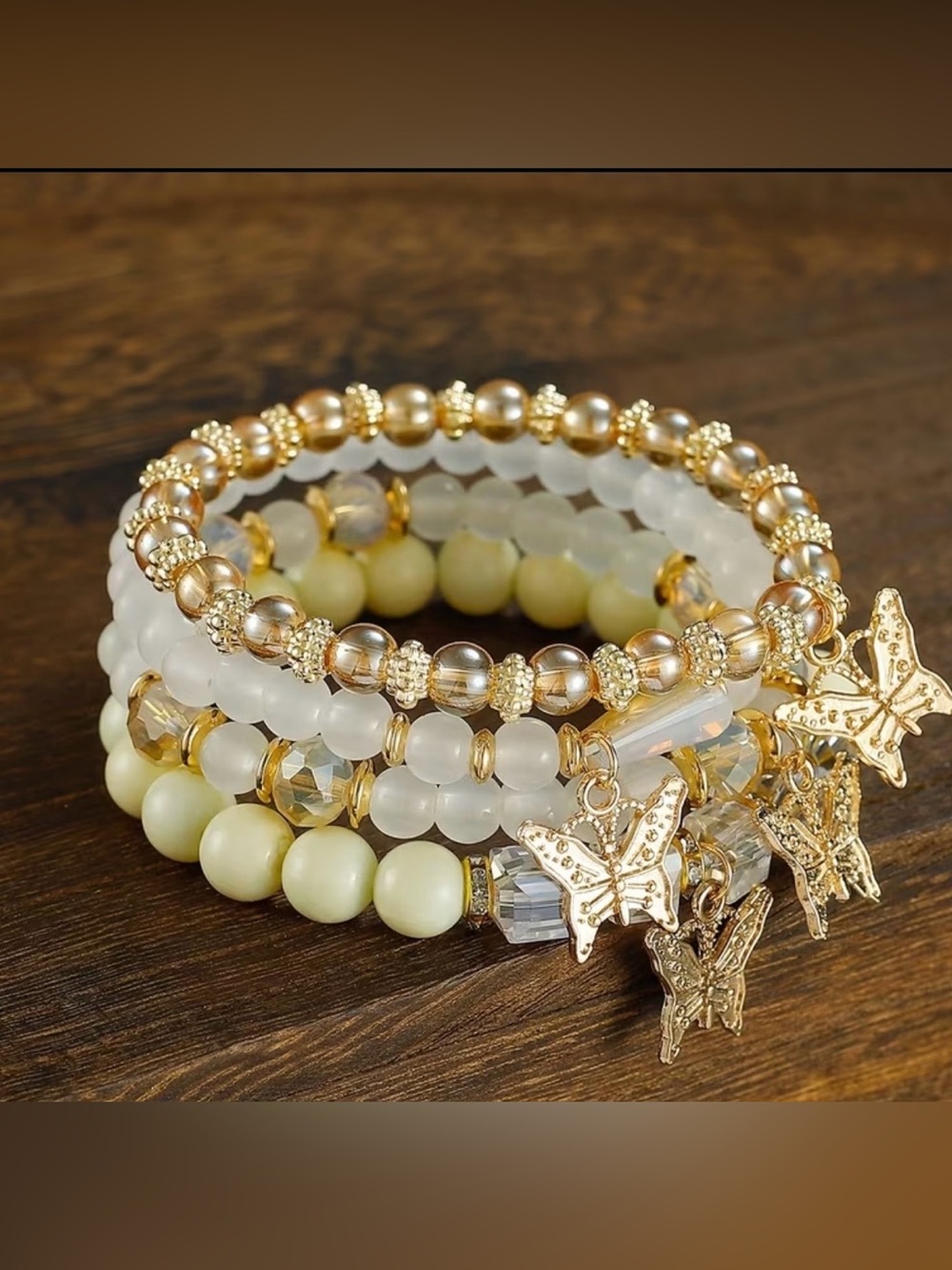 Set of 4 Bohemian Elastic Bracelets with Golden Butterfly Charms - Women Jewelry